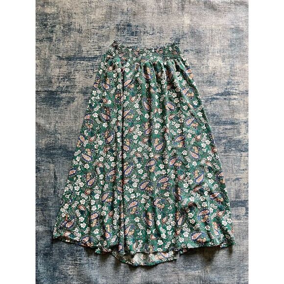 Blush BJ Blue Green White Paisley Floral Smocked Waist Midi Skirt Small - Picture 11 of 11